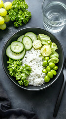 Green Rice Bowl with Cucumber, Edamame, and Grapes; Healthy Food Photography; Dark Background.