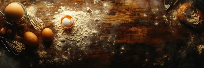Wooden kitchen board with scattered flour and a cracked egg adds a rustic touch to baking preparations. Generative AI