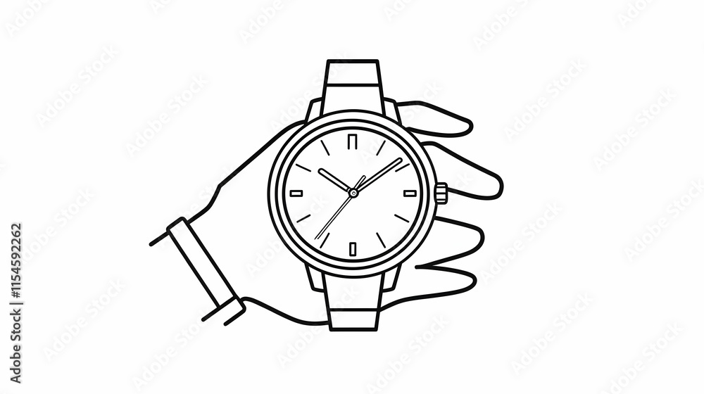 Poster hand holding simple wristwatch; time management concept; white background; website design element.