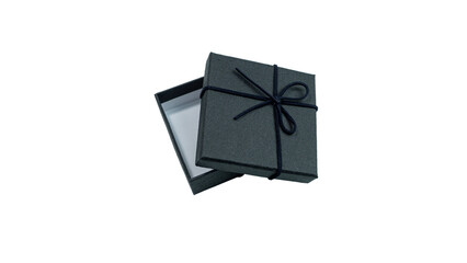 Black gift box with texture with black ribbon isolated on transparent background. The gift box is open. transparent object