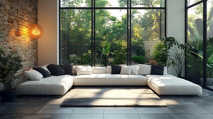 Modern Living Room with Large Windows and Sectional Sofa. Concept of Modern Interior Design, Relaxation, and Natural Light.