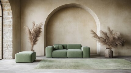 Modern minimalist living room with green sofa, ottoman, pampas grass, and arched wall.