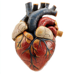 Naklejka premium Human heart on white background, detailed veins and arteries visible, pumping mechanism exposed.
