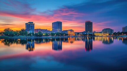 Fototapeta premium Lake Eola Sunrise Skyline, Orlando, Florida