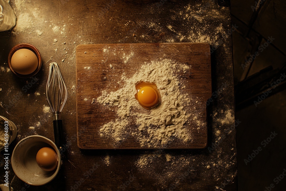 Aufkleber top down view of a wooden board with flour and a cracked egg showing baking preparation at home. gen