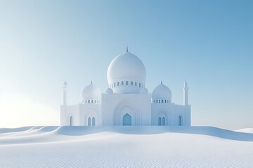 White Mosque Rising From Surreal Sand Dunes, Azure Sky.