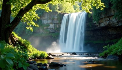 sunlight casting dappled shadows on the ground below a waterfall, light, serene