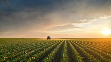 Tractor spraying soybean field in sunset.
