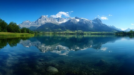 Naklejka premium Dramatic landscape photograph capturing majestic snow-capped mountain range reflected in crystal clear alpine lake, surrounded by lush meadows under pristine sky with wispy clouds.