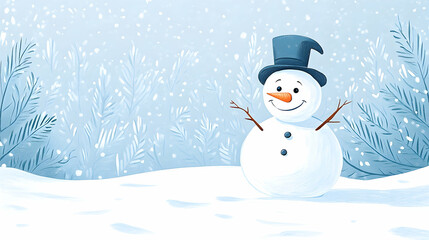 Happy snowman winter wonderland snowy scene, holiday card design.