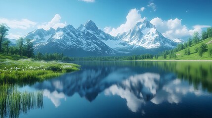 Fototapeta premium Dramatic landscape photograph capturing majestic snow-capped mountain range reflected in crystal clear alpine lake, surrounded by lush meadows under pristine sky with wispy clouds.
