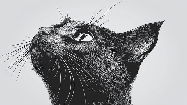 Pen sketch of a black cat looking up.