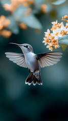 Obraz premium Hummingbird hovering near flowers, garden background, nature photography, website banner.