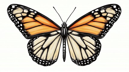 Detailed illustration of a monarch butterfly with orange and black wings.