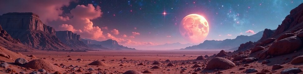 Cosmic mist rising from a desolate, barren planet, desolate, mist