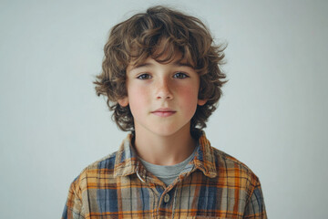 Young boy with curly hair and plaid shirt playing joyfully with a colorful kite on a sunny beach, as waves crash in the background.