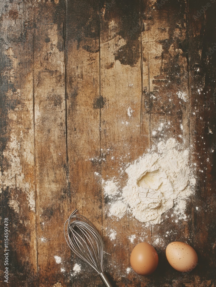 Aufkleber top view of a rustic wooden board with flour and an egg ready for baking in a cozy kitchen setting. 