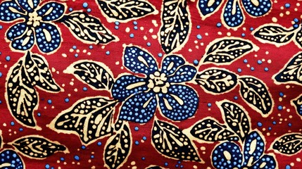 Vibrant traditional batik pattern with floral motifs and rich red and blue colors.