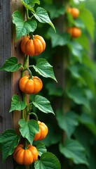 Delicate vines with small pumpkins and leaves climb up a wooden trellis, , vines