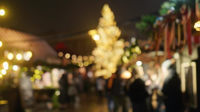 Experience a Warm and Inviting Holiday Market Atmosphere at Night with a Beautifully Decorated Christmas Tree