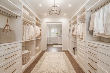 White, minimalist walk-in closet, featuring sleek storage solutions for a feminine and stylish dressing area.