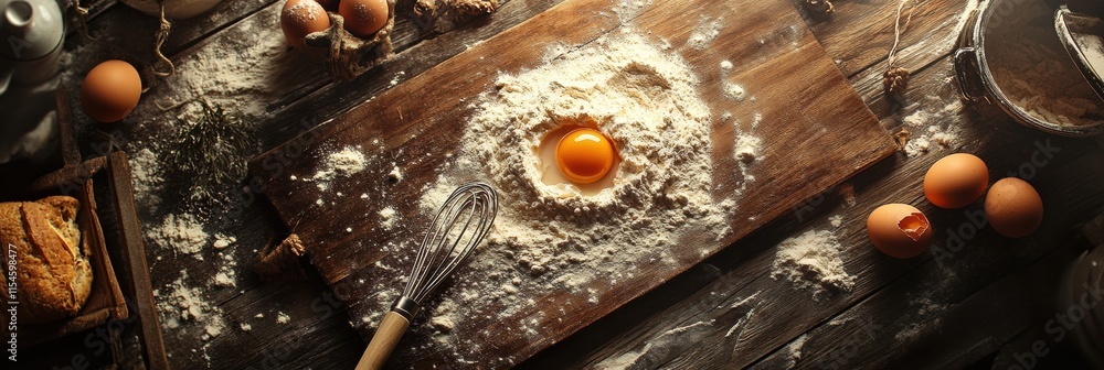 Poster Top down view of a wooden board with flour and a cracked egg for baking preparation in a cozy kitchen setting. Generative AI