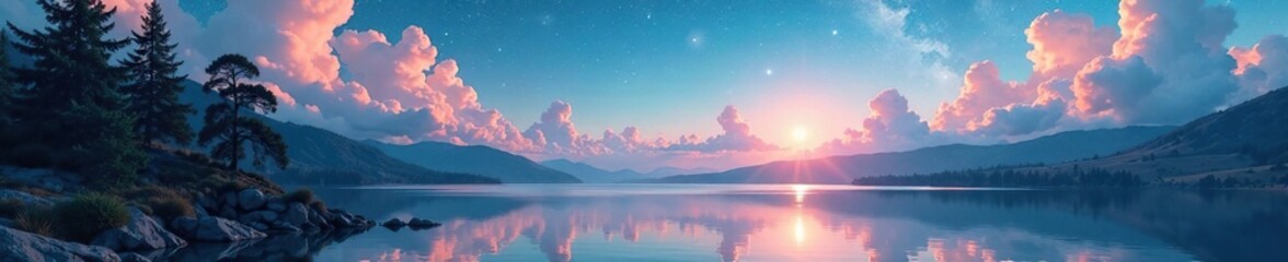 Fototapeta premium Gentle clouds reveal Gemini's shape above the lake, trees, constellations,