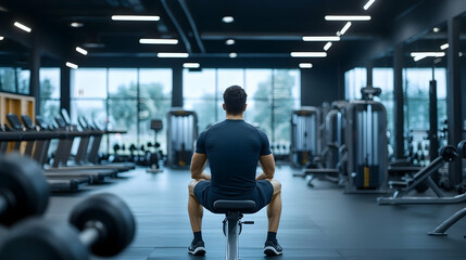 Fototapeta premium Man resting on bench in modern gym, fitness equipment background, workout break, healthy lifestyle.