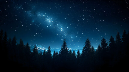 Milky Way over snowy mountain forest at night; tranquil nature scene for website backgrounds.