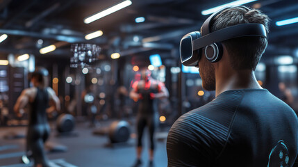 Back view of a man wearing a virtual reality headset in a high-tech gym, engaging in immersive fitness training surrounded by advanced equipment.
