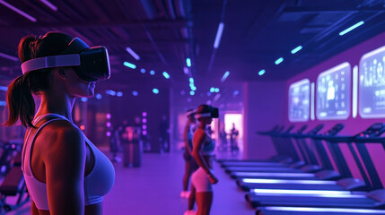 Women wearing VR headsets in a neon-lit gym, surrounded by advanced treadmill equipment and digital screens for immersive workouts.
