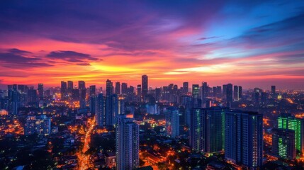 Fototapeta premium Vibrant city skyline at sunset with colorful clouds and lights.