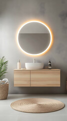 Modern bathroom with illuminated round mirror, wooden vanity, and neutral decor, ideal for interior design websites.