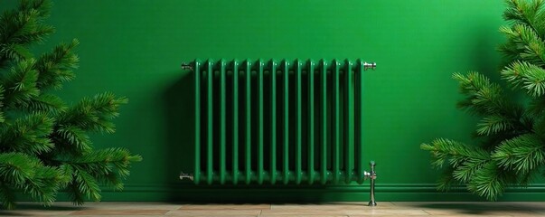 Radiator against a green backdrop of evergreen branches, metallic, modern, evergreen