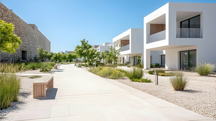 Modern Mediterranean Villas, Pathway, Landscaping, Sunny Day, Real Estate.