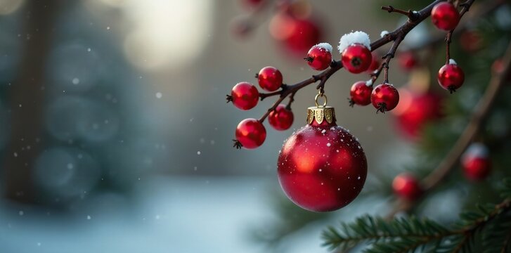 Red berries hang from the branches of a bare Christmas tree, redberries, ornaments, crimson