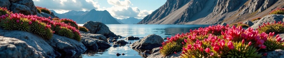 Obraz premium Rock crevices harbor red saxifrage in Spitsbergen's harsh climate, wildflowers, rocks, plant life