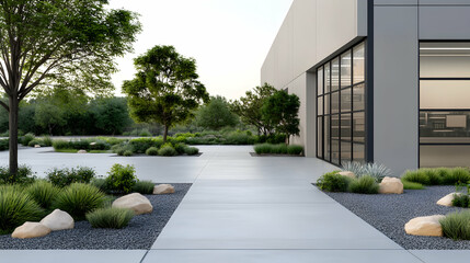 Obraz premium Modern warehouse landscaping, paved walkway, green trees, background building, real estate.