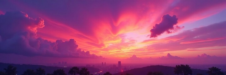 Fototapeta premium Sky ablaze with hues of orange, pink and purple at dusk, purple, panorama, dusk