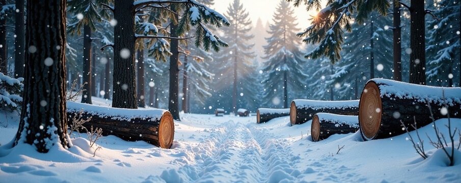 Snowflakes gently fall on a serene forest scene with fallen trees and sawn wood piles in the background, trees, frosty, nature