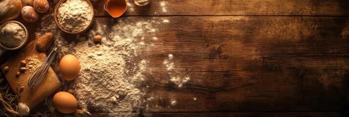 Top down view of a rustic wooden board with flour and a cracked egg ready for baking. Generative AI