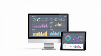 Digital dashboard on a computer and tablet displaying various data visualizations.
