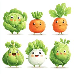 A group of cartoon vegetables, including a head of lettuce, a carrot