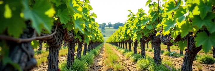 Vintage grapevines with gnarled branches and leaves in full bloom, rustic, farm, vines