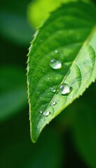 Water drops on green leaf glisten in sunlight, forming tiny diamonds, macro, leaf