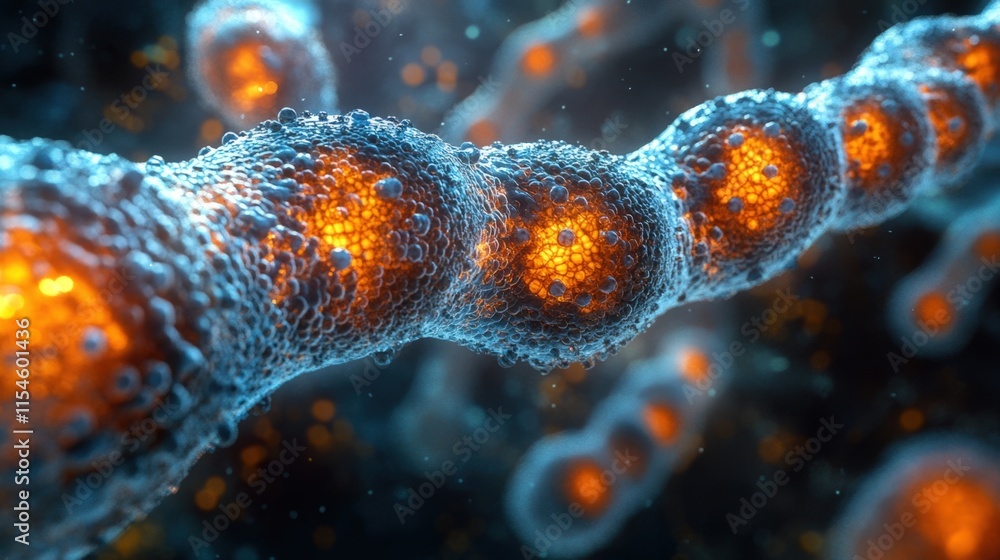 Poster microscopic view of glowing cells linked together.