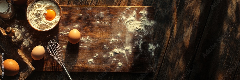 Aufkleber top down view of a wooden kitchen board with flour and a cracked egg representing baking preparation