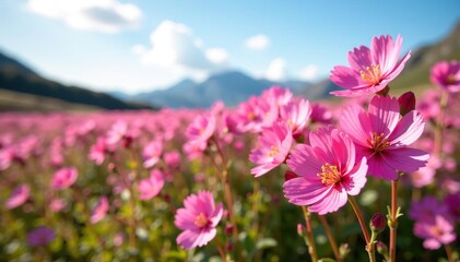 Fototapeta premium A field of pink Manuka flowers swaying in the wind, pink, , Pink Manuka flower blossom with copy space left