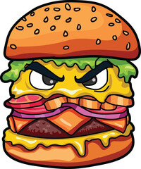 Vector illustration icon of an angry hamburger mascot.