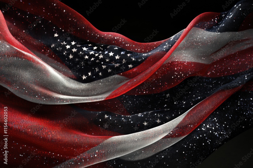 Poster flowing american flag with rich fabric texture and vibrant colors against a dark background. generat
